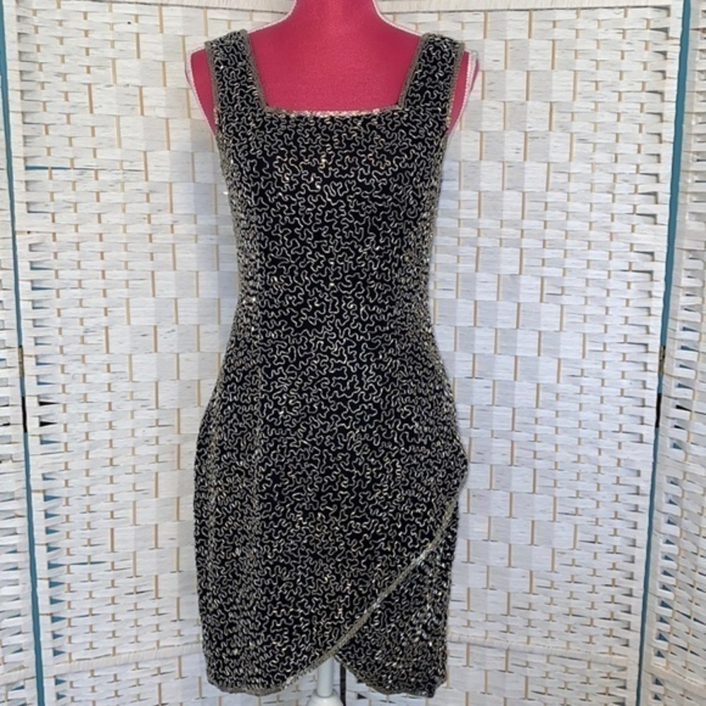 Laurence Kazar Vintage 1994 Silk and Bugle Beaded Dress Black and Silver Medium